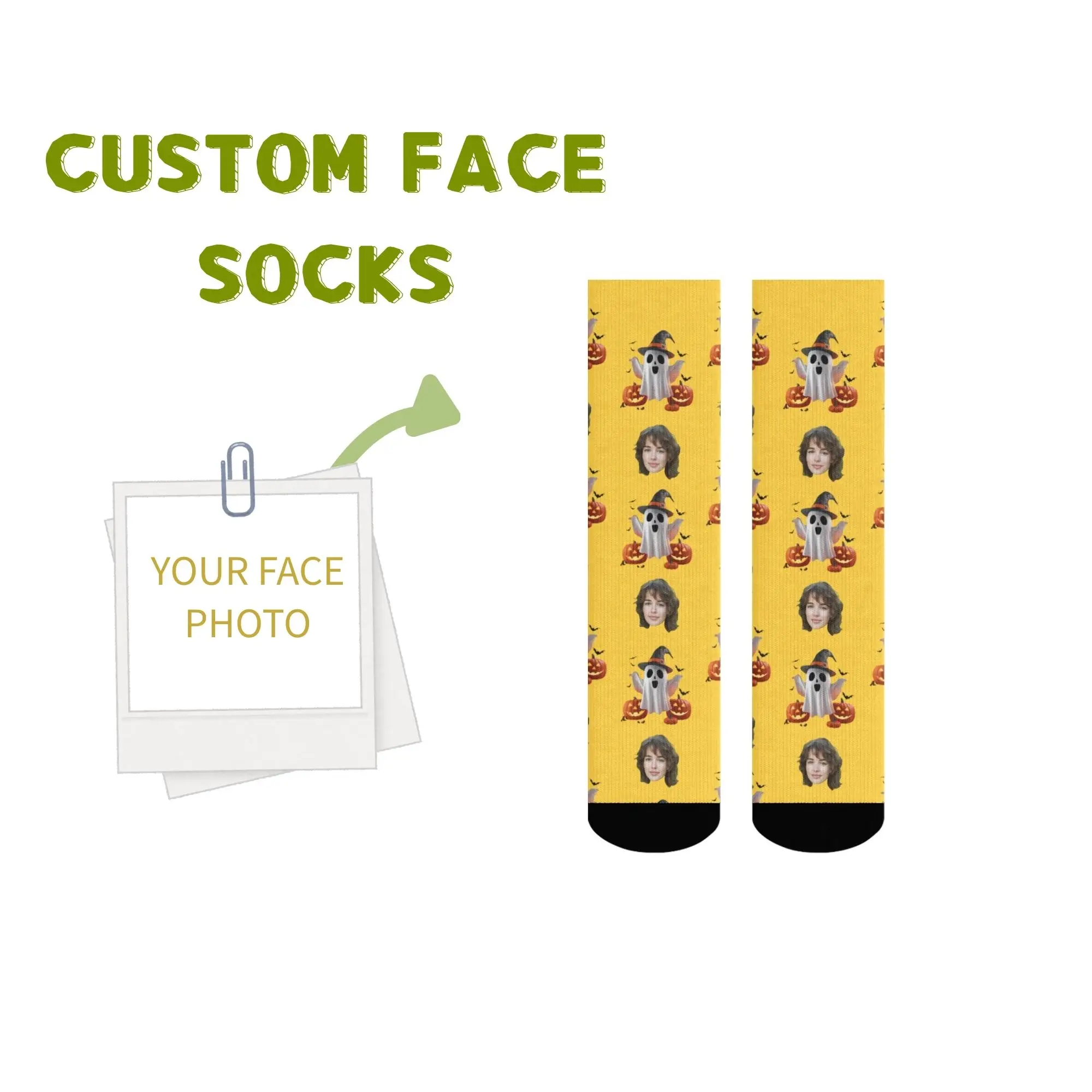 

Personalized Halloween Gift Socks Custom Face Witch Hat Ghost & Pumpkin on Yellow Festive Present for Couple Friends & Family