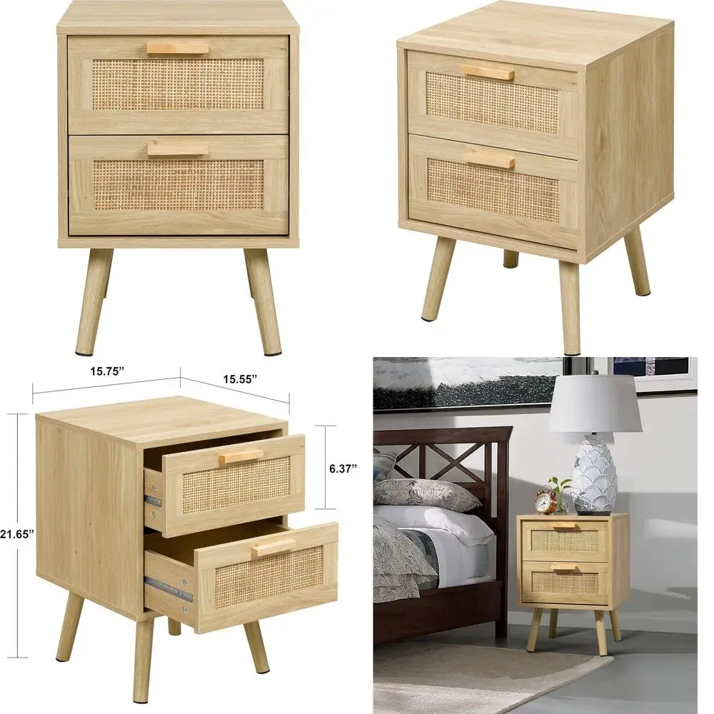 

Rattan-Decorated 2-Drawer Wood Nightstand with Storage for Bedroom, Natural