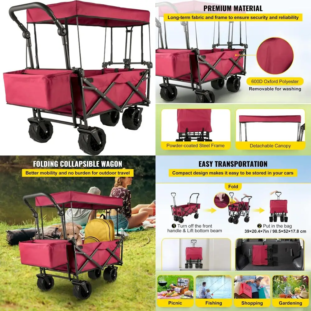 Vagão de praia dobrável e resistente com dossel removível, capacidade de 220 libras, dobrável para rodas grandes para uso ao ar livre