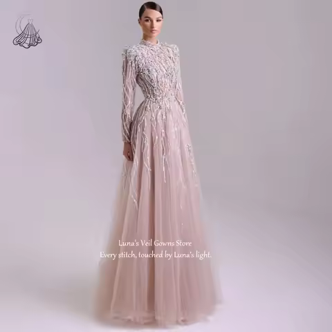 LunaV Casual Evening Dresses Sequined Beading Prom Party Dress Long Sleeves Feathers Mauve Evening Formal Vestido De Noche