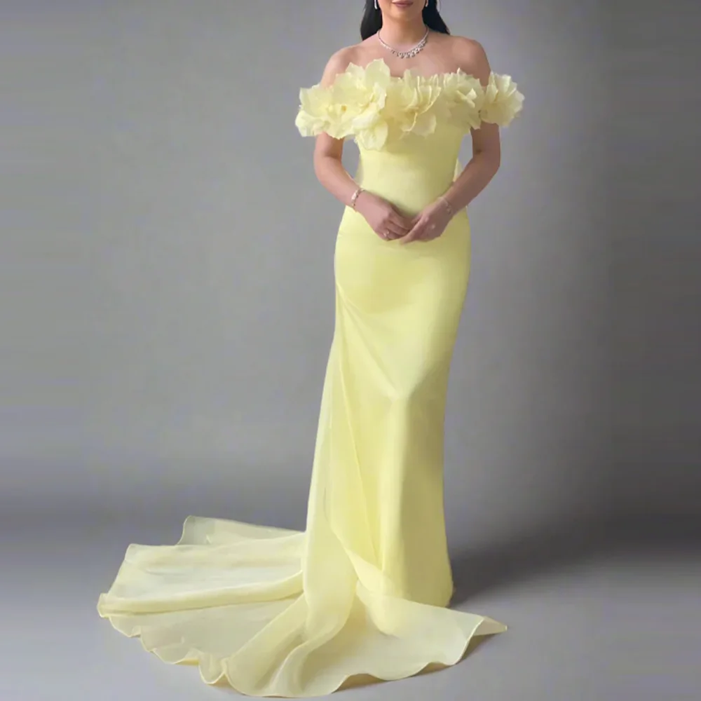 

Customized Elegant Off Shoulder Flower Pleated Evening Dresses Sheath Pageant Party Dresses Floor Length Formal Prom Dresses