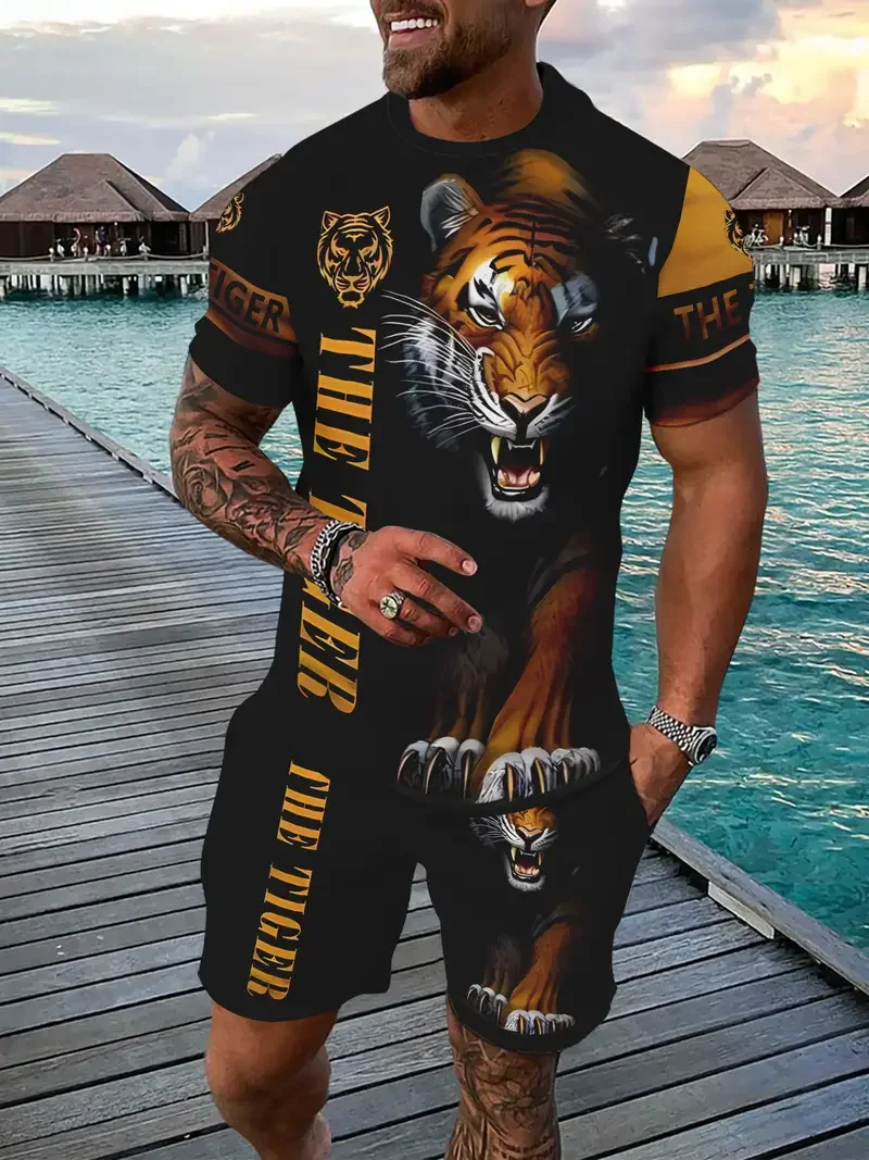 Men's Fashionable Casual Short Sleeved Shorts 3D Set Men's Summer Short Sleeved Round Neck T-shirt Set