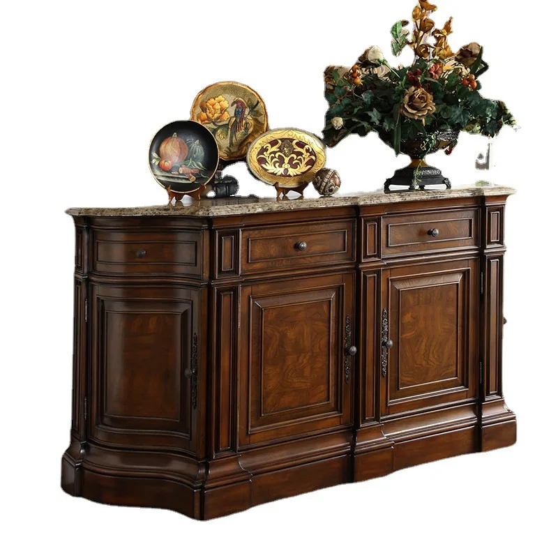 

American retro birch curved four-door side cabinet European marble surface dishboard cabinet, entrance cabinet furniture