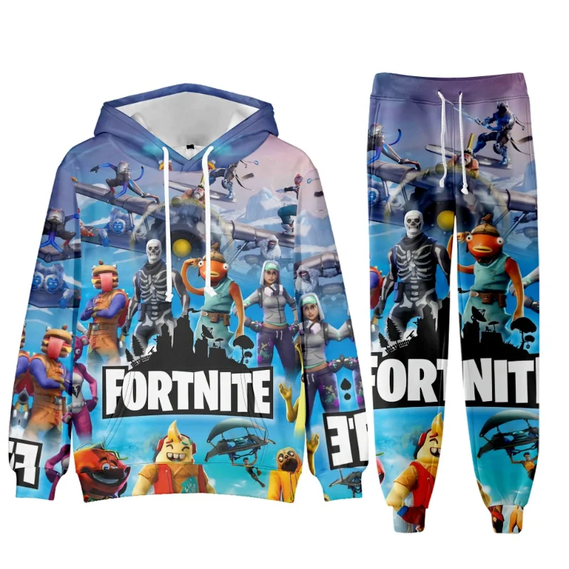 2pcs Game Fortnite Peripheral Hoodie Trousers Adult Children Hooded Sweatshirts Pants Set Winter Warmth Christmas Birthday Gifts