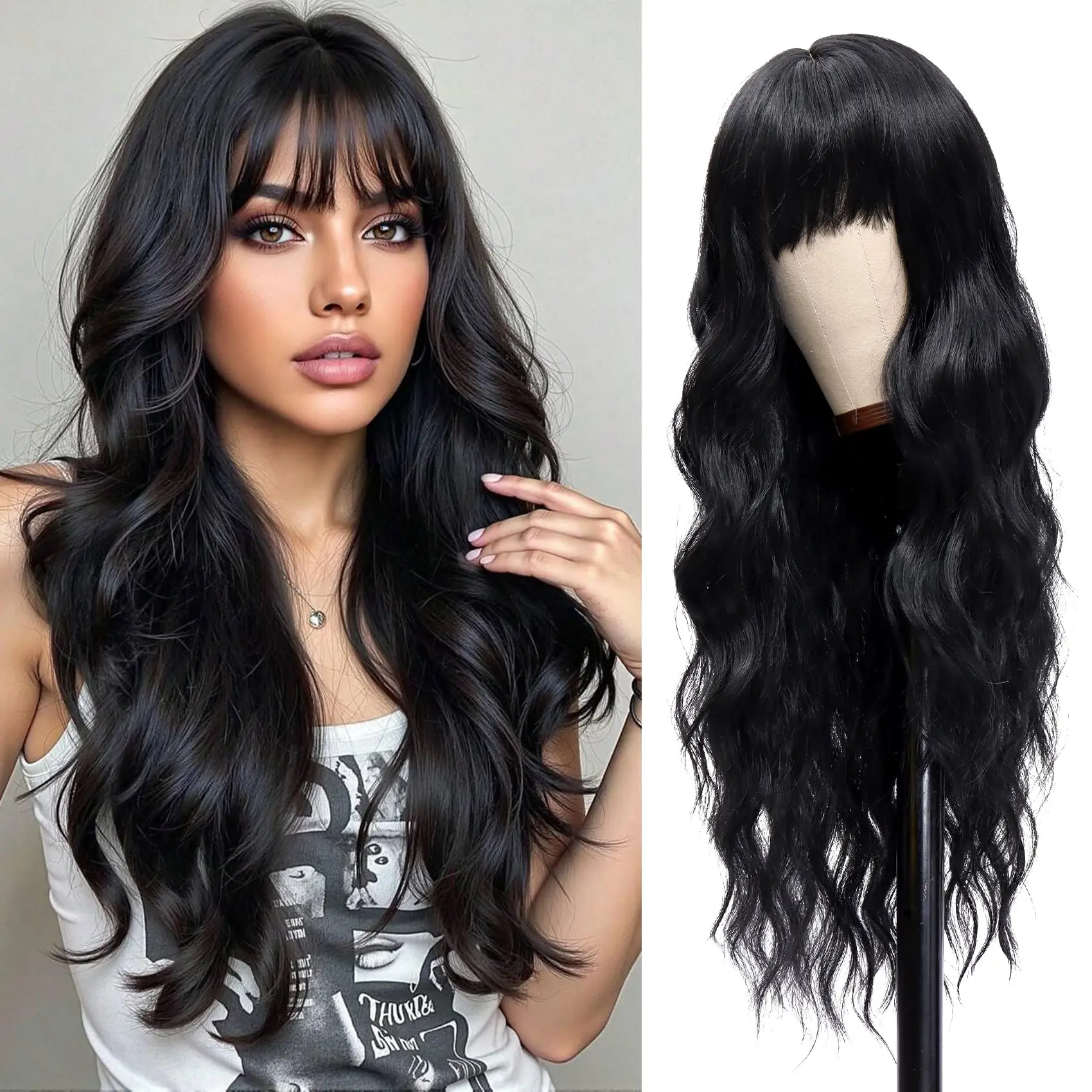 

Black long curly hair synthetic wig for Halloween party Cosplay wig, everyday wig, high-temperature hair silk wig set