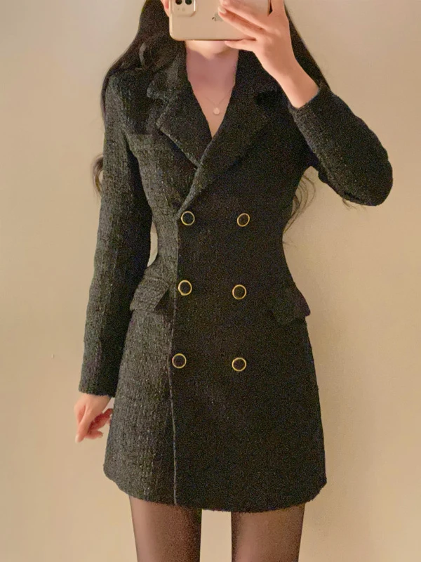 Koreaanse Sle Tweed Double Breasted Dr Dames Herfst Nieuwe Kleine Fraance Sle Lady Ele Pak Kraag halflange rok