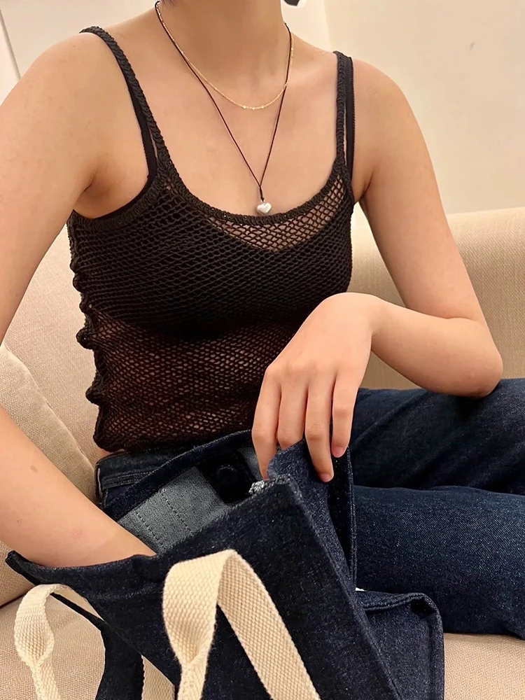 Boho Hollow Out Knitted Camisoles Women Solid Sleeveless Summer Slim See Through Tank Tops Chic Vintage Sweet Cotton Vests Y2k