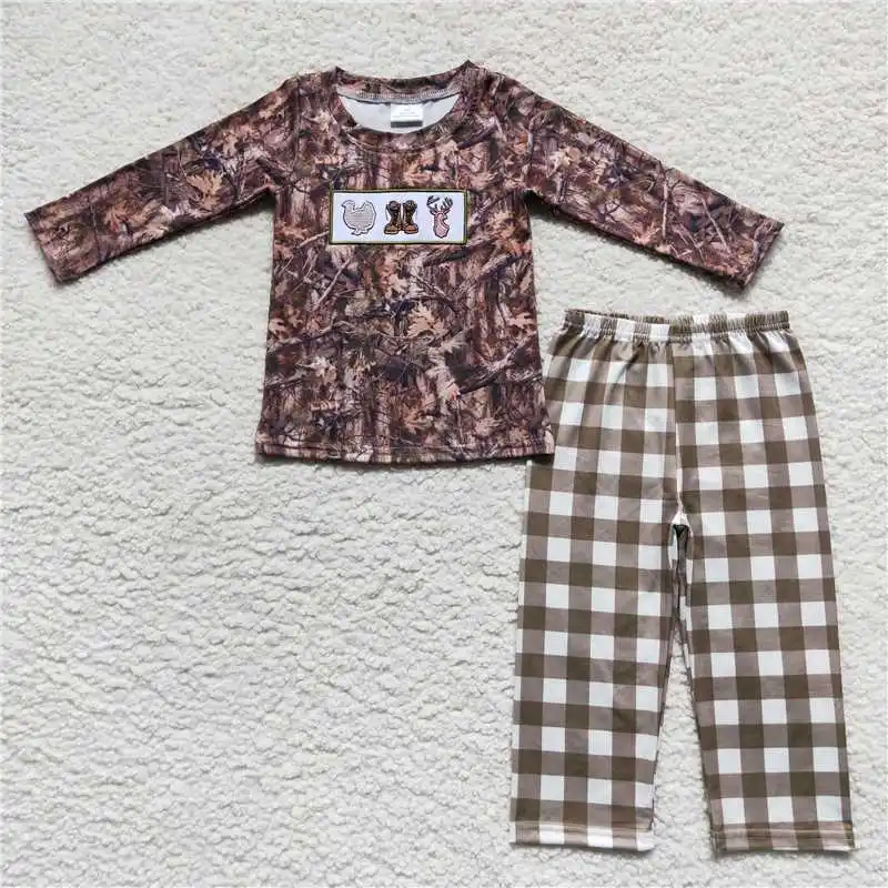 Wholesale Baby Boys Thanksgiving Embroidered Turkey Green Stripe Long Sleeve Bell Bottoms Pants Kids Clothing Outfit Boutique