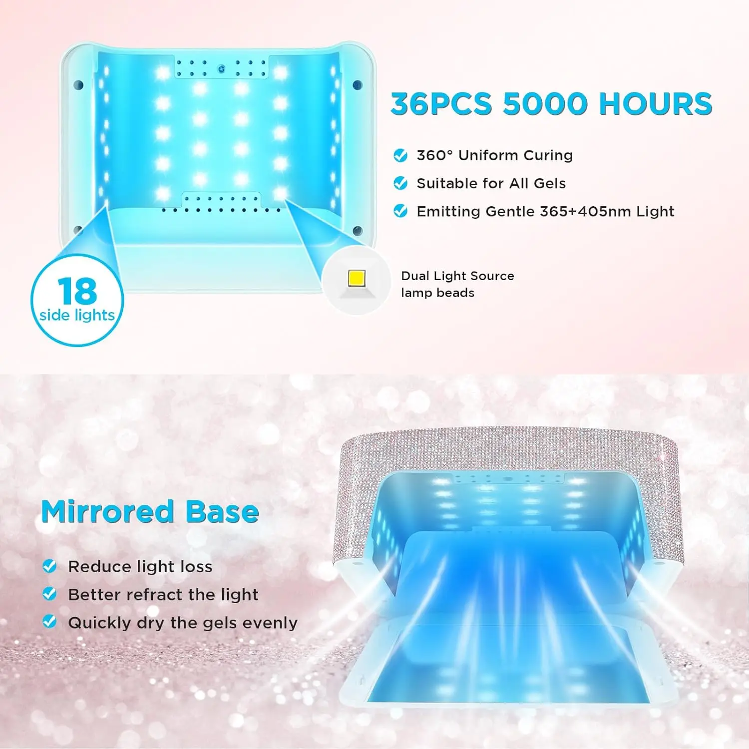 Lampe à ongles LED UV sans fil rechargeable avec 4 modes de minuterie et strass scintillants pour ongles en gel