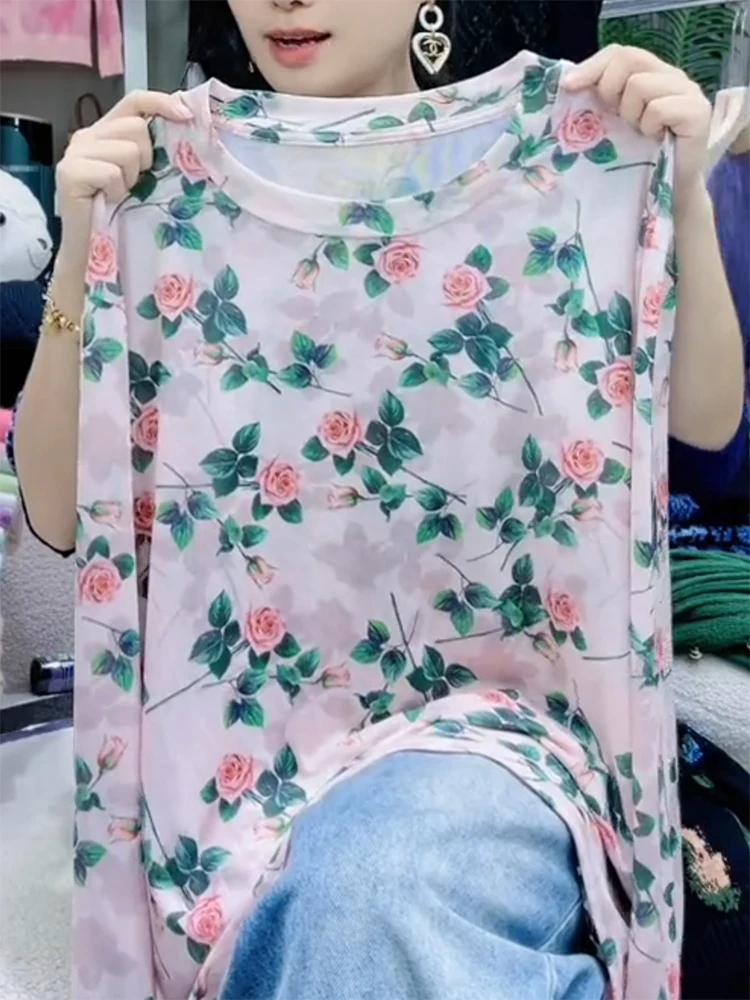 

Spring 2025 New Ice Silk Lightweight Long Sve round Ne Dyeing T-irt Me Net Floral Print Luxury Feel Women's Top