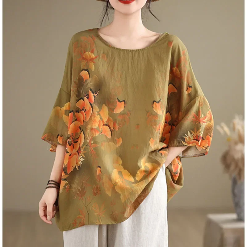 

2024 New Women's Summer Printed Crew Neck Spliced Casual Fashion Versatile Commuter Batwing Sleeve Linen Cotton Chiffon Tops