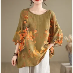 2024 New Women's Summer Printed Crew Neck Spliced Casual Fashion Versatile Commuter Batwing Sleeve Linen Cotton Chiffon Tops