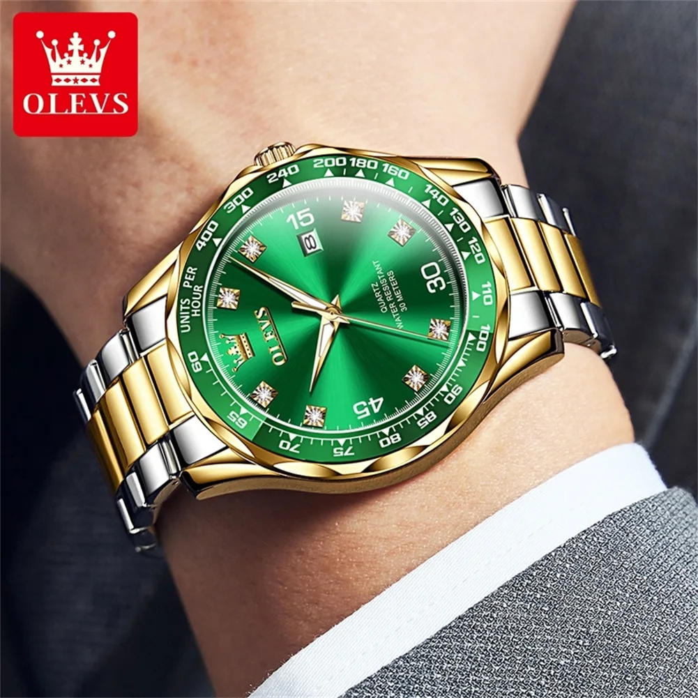 OLEVS 9988 Men Watch Luxury Sports Diving Quartz Watch Classic Green Water Ghost Waterproof Luminous Men Watch Calendar Watch