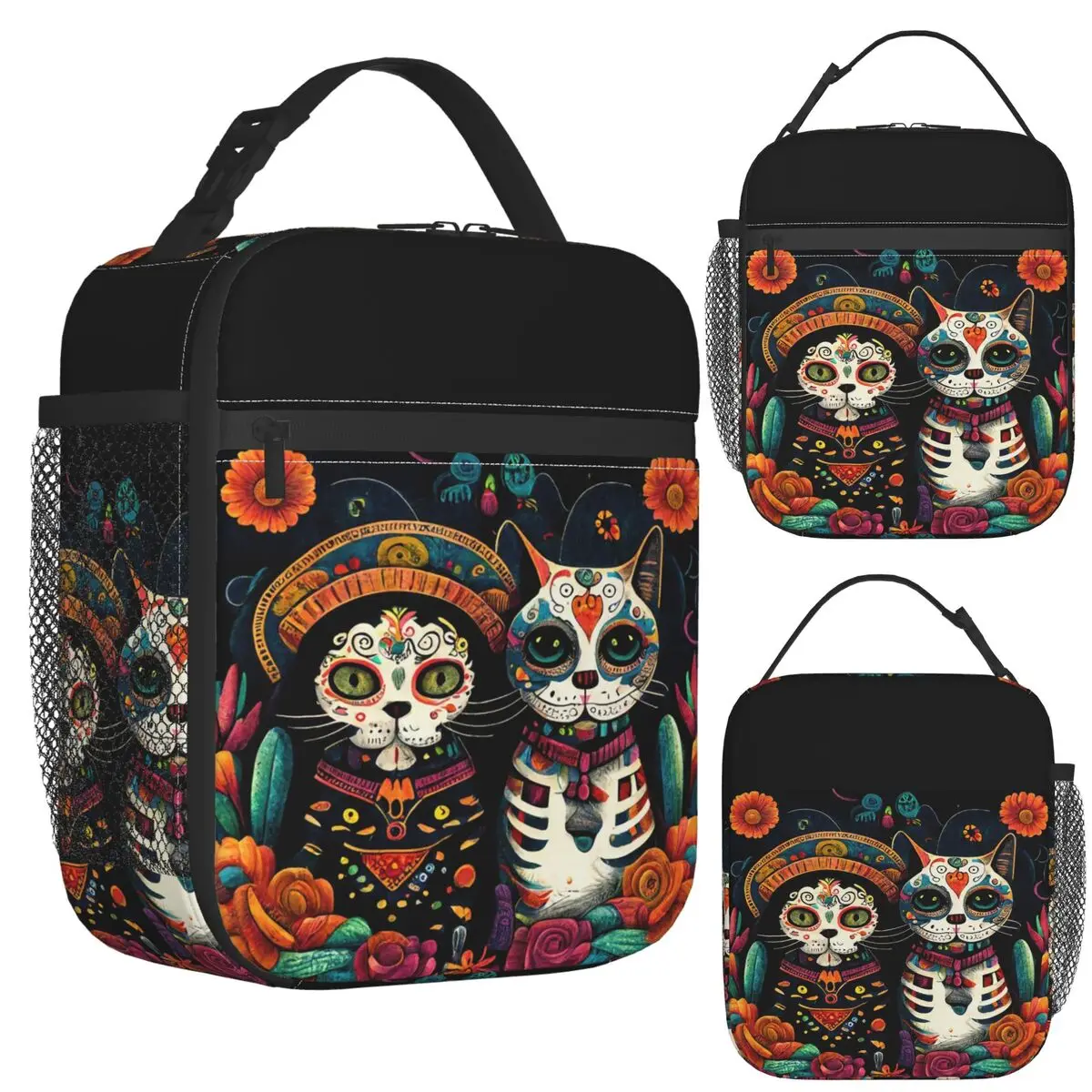 

Day Of The Dead Kitten Cat Sugar Skull Dia De Los Muertos Insulated Lunch Bag Storage Food Boxes Cooler Thermal Lunch Box Tote