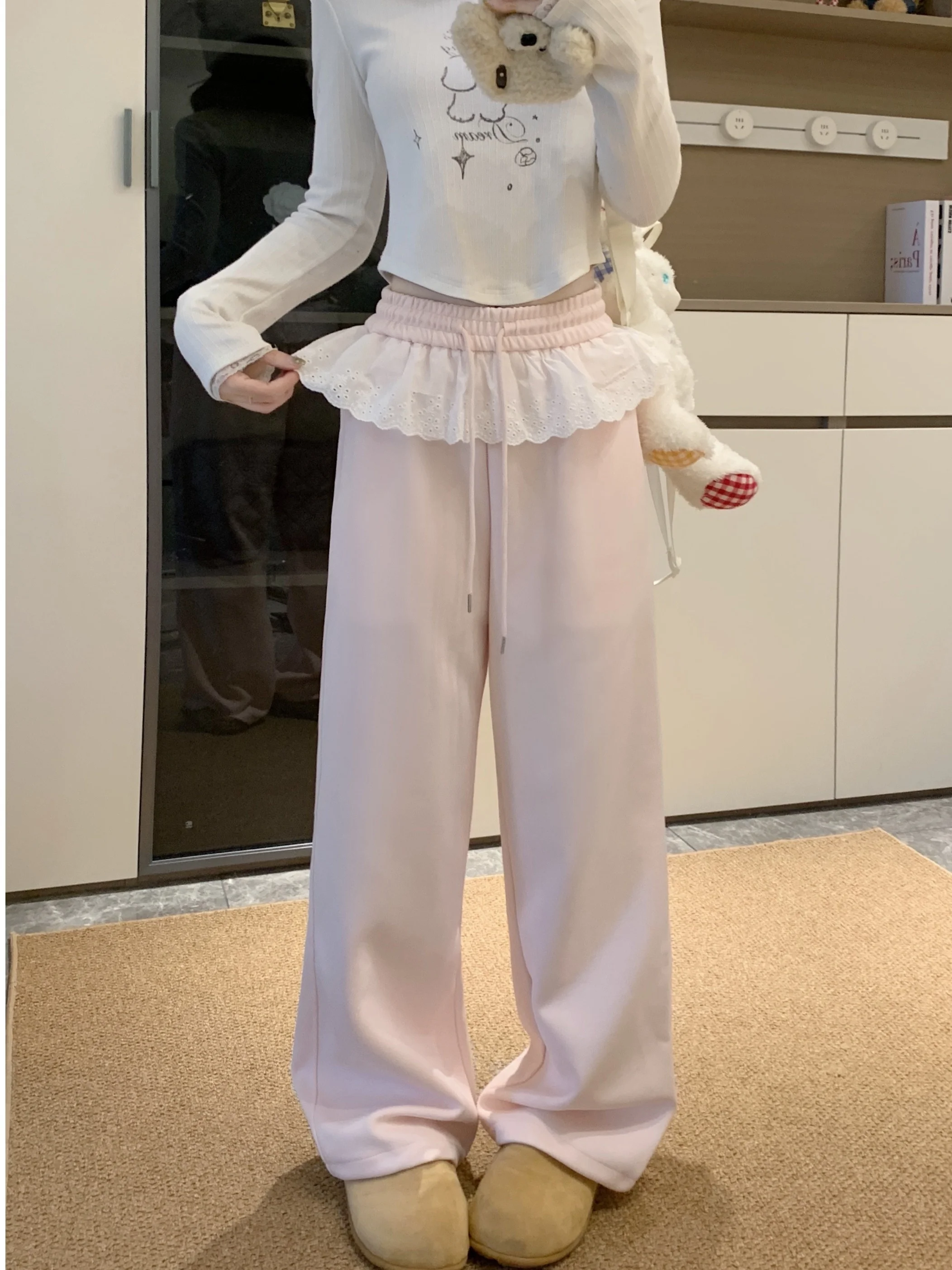 

Женские повседневные брюки больших размеров с кружевными вставками, широкие штанины, высокая талия, осенне-зимние, новые, удобные, мягкие, розовые брюки