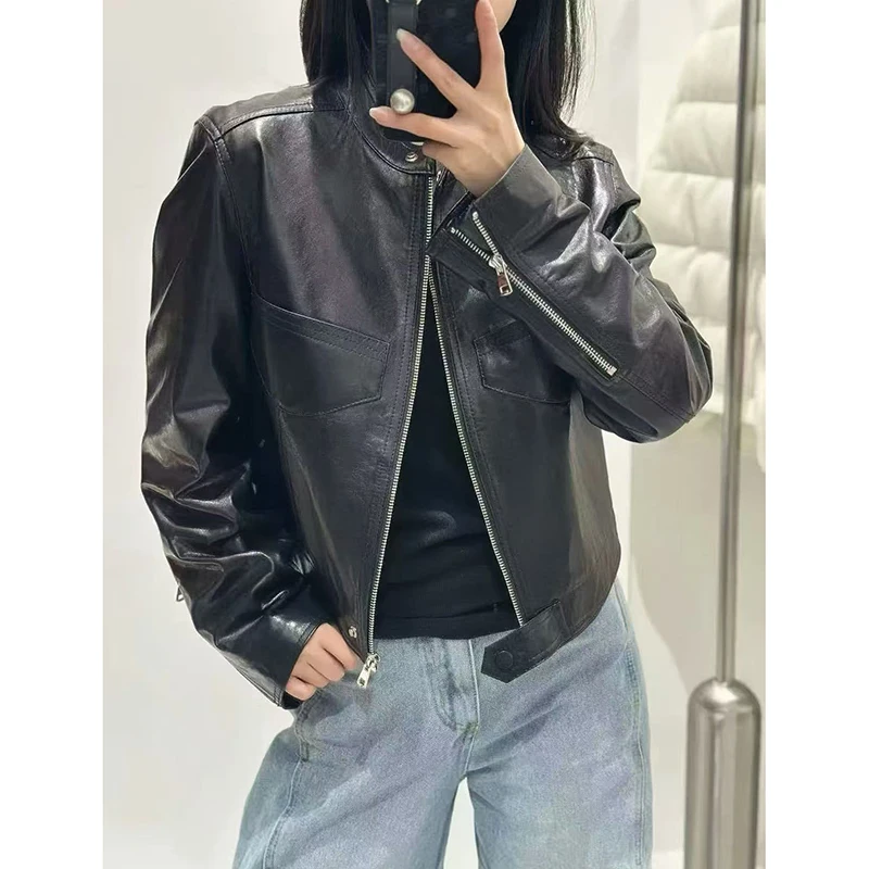 High Quality Oil Wax Sheepskin Leather Jackets for Women Classic Denim Style Coffee Vintage Short Slim Zipper Moto Biker Coat