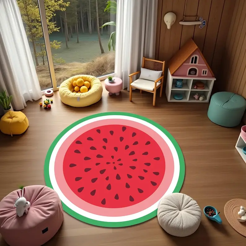 Cute Watermelon Fruit Round Rug, Nursery Baby Room Play Mat, Non-Slip Kids Playroom Carpet, Shower Decor Gift for Children Decor