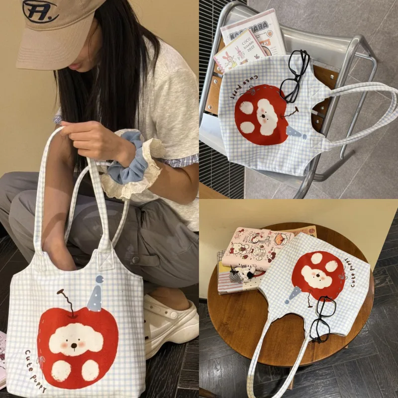 Apple Plaid Dog Tote Bag Y2K Cartoon Printed Velvet Illustration Shoulder Bag Commuting Student Bag High Capacity Zipper Itabag