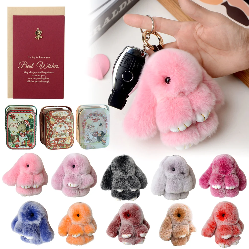 2024 Multicolor Rabbit Keychain Ring Fluffy Real Fur Pompon Bunny Trinket Key Chain Charm Cute Ring On Bag Car Key Pendant