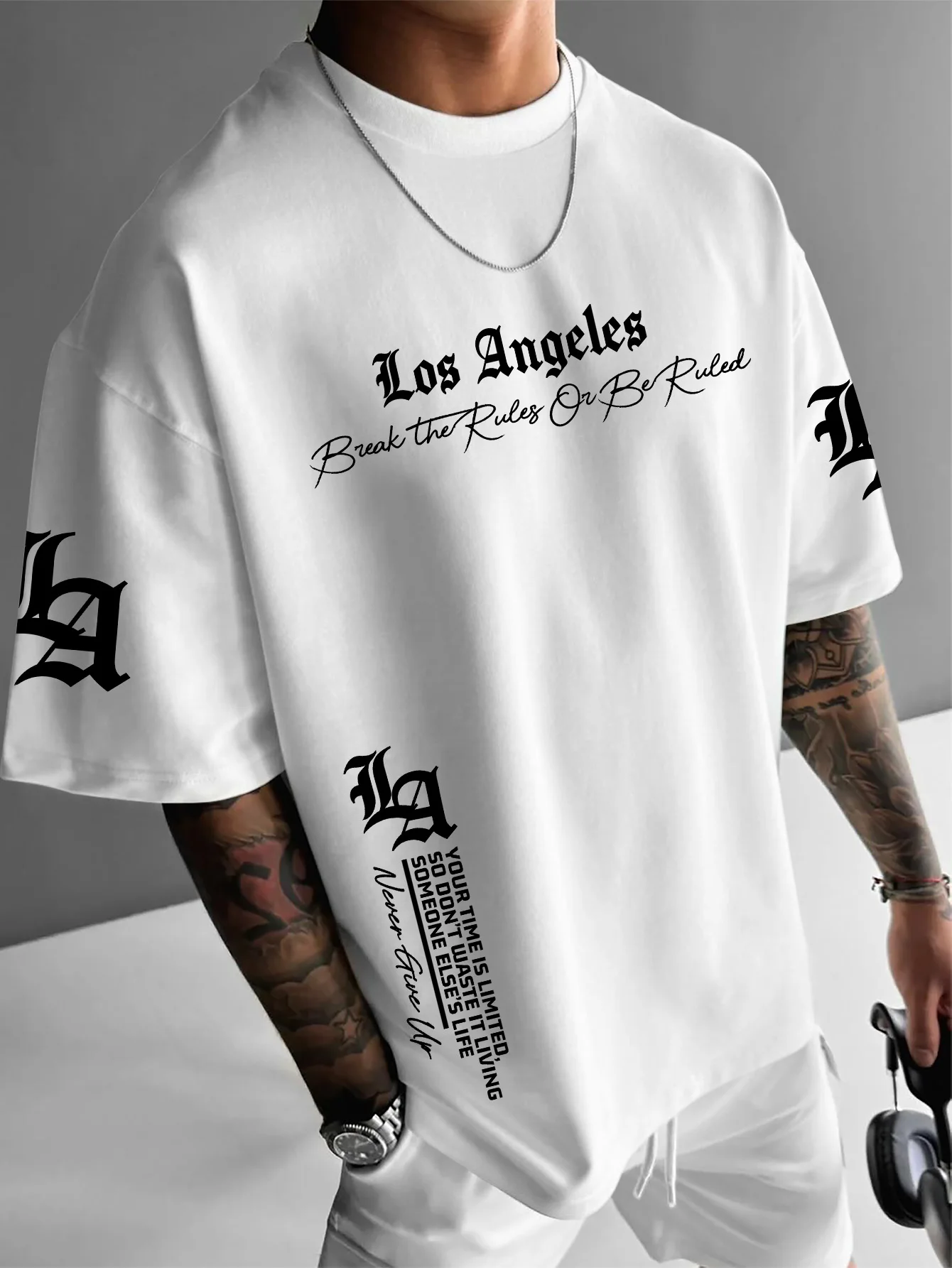 Men's American Retro Los Angeles Letter Printed T-Shirt, Loose Crew Neck Street Style Casual Top