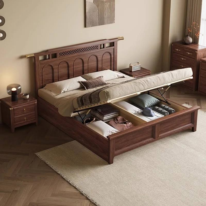 Anpassbares, modernes, einfaches, doppeltes Hochzeitsbett aus schwarzem Walnussholz, Luftdruck, hohe Aufbewahrungsbox, Retro-Licht, luxuriöse Schlafzimmermöbel