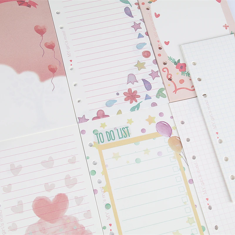 2024 Girly Cute School Notebook Filler Paper Set A6 Kawaii Diary Refill For Filofax Dokibook Agenda Organizer 100 Sheets