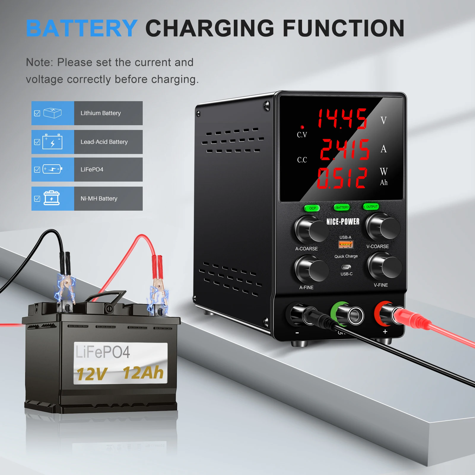 

30V 10A 5A USB A/C Interface DC Laboratory Power Supply Output Switch Quick Charging Button Encoder Power Banks OCP Protection