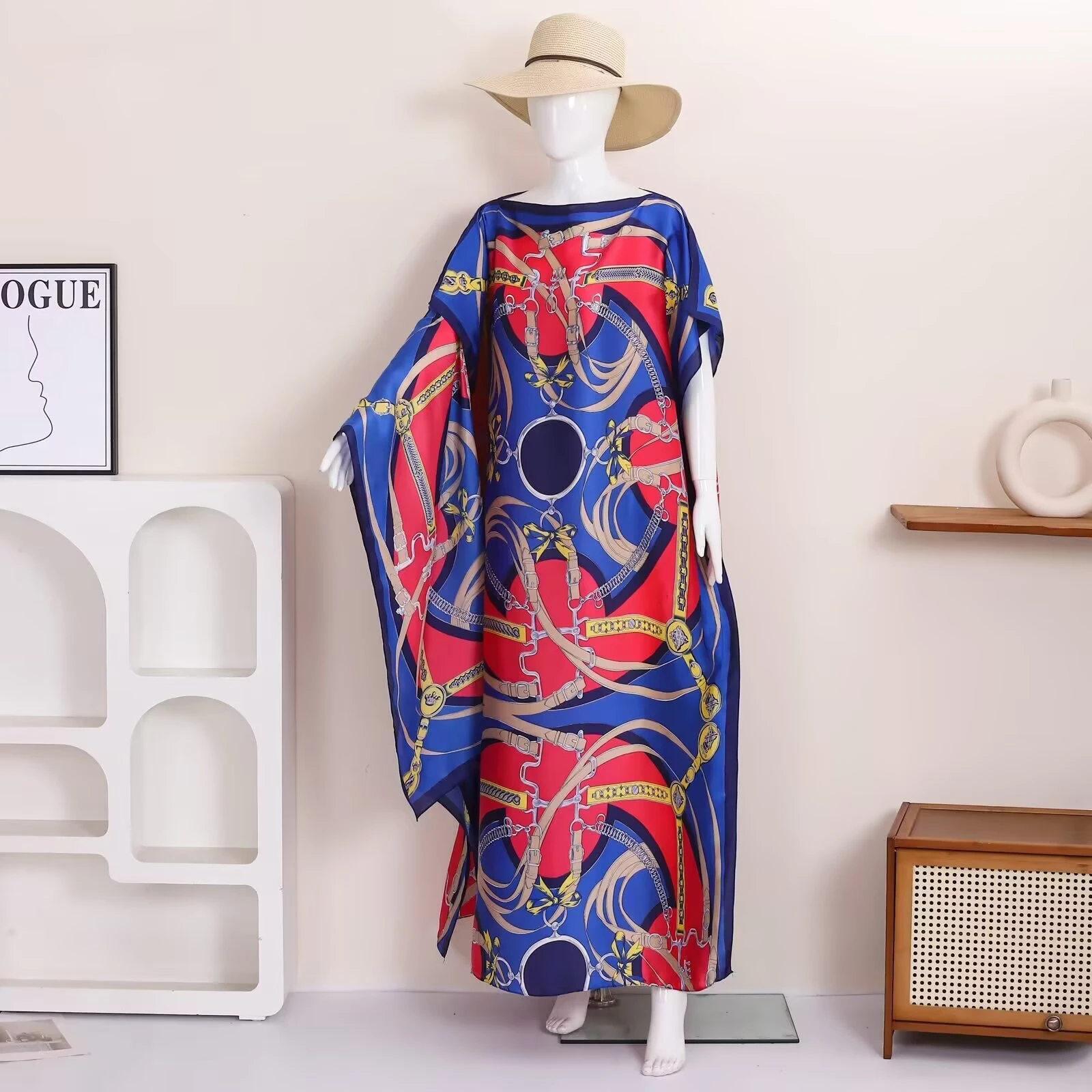 1J piece retro chain print satin robe women's loose bat sleeve holiday beach blouse long casual dress view 3