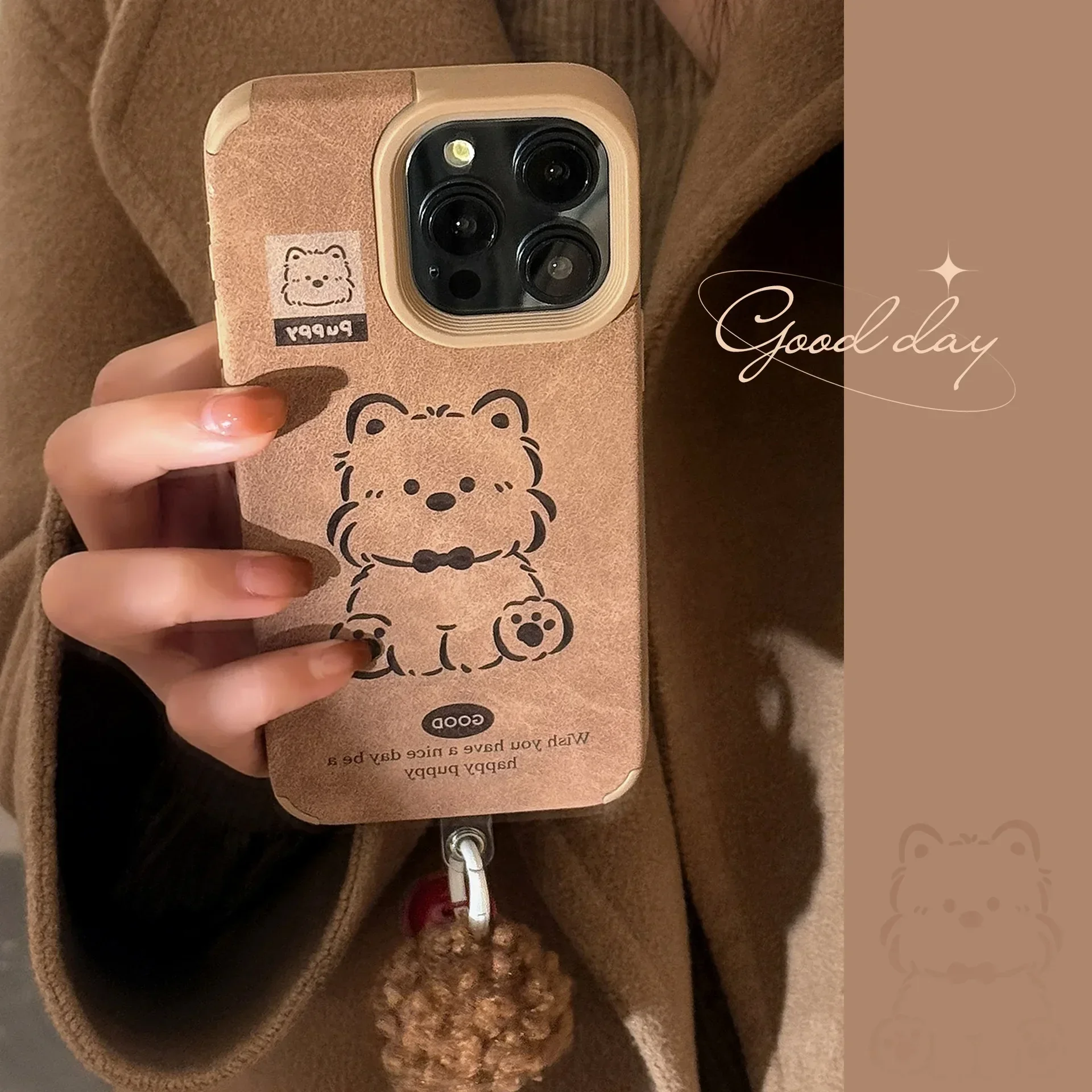 Puppy dog art Autumn Winter Suede leather Phone Case For iPhone 16 15 14 13 12 11 Pro Max Case Cute Luxury Cartoon leather Cover