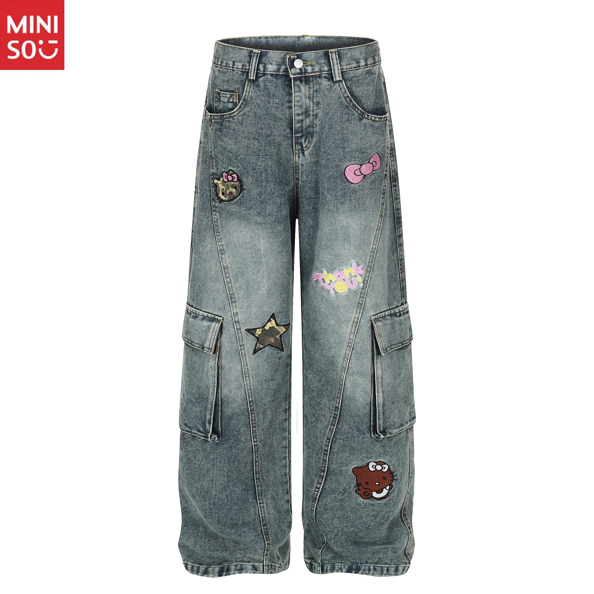 

Miniso 2025 Washed Jeans - Cartoon Embroidery Multi-Pocket Straight Leg Pants