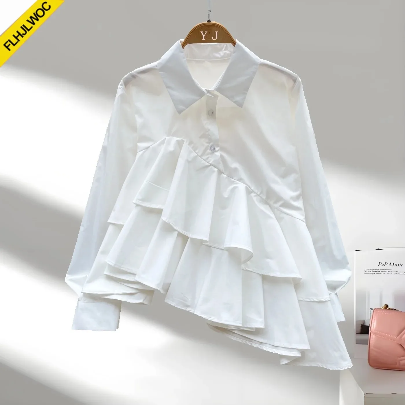 French Design Ruffles Tops Blouses New 2026 Spring Summer Cute Girls European Style Long Sleeve Irregular Solid White Shirts view 2