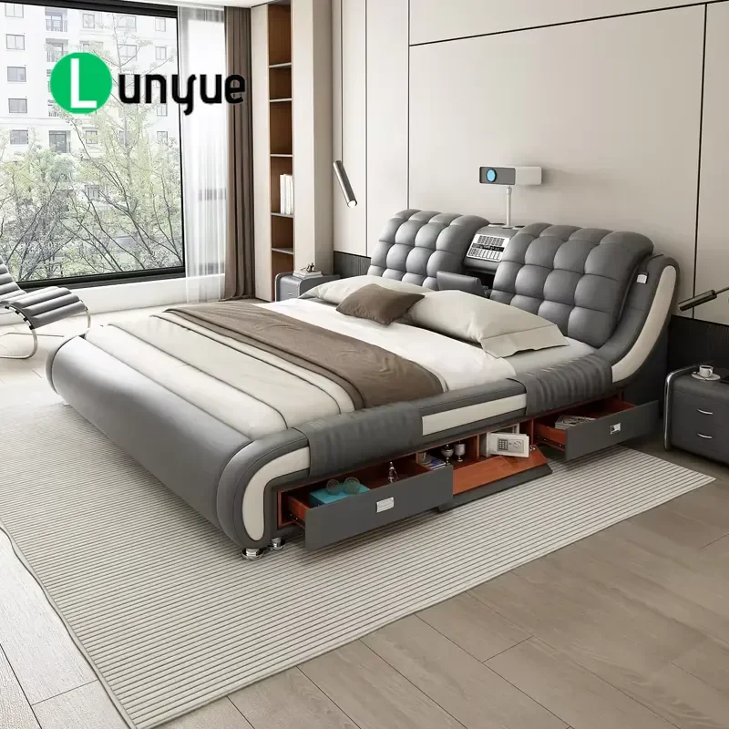 King Size Leather Storage Bed with Massage Function Smart Double Bedroom Furniture Deluxe Upholstered Soft Platform Bed Frame