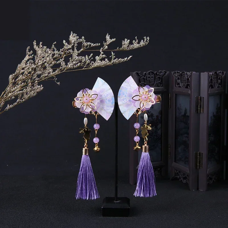 Genshin Impact Raiden Shogun Japanese Style Tassel Bead Hairpin Handmade Kimono Cos Flower Fan-shaped Hair Clip Prop Accessories