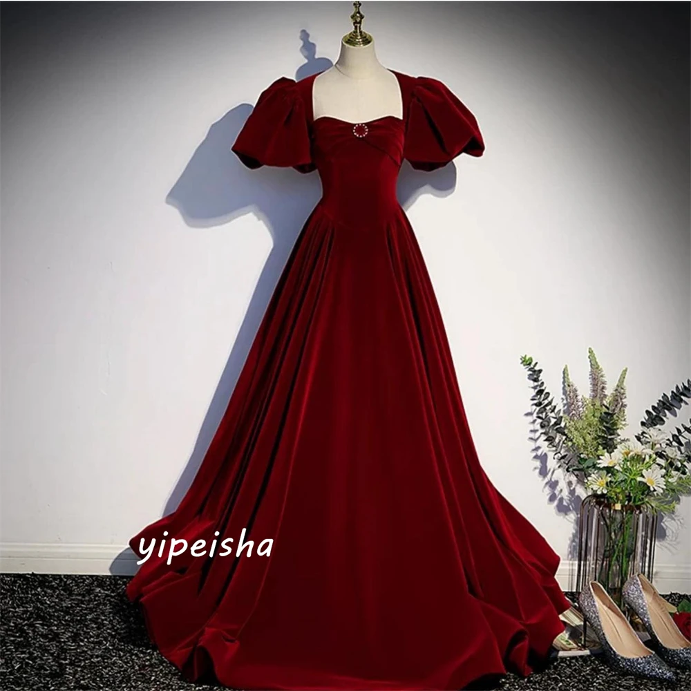 Customized  Velour Draped Pleat Ruffles Party A-line Square Collar Bespoke Occasion Gown Long Dresses