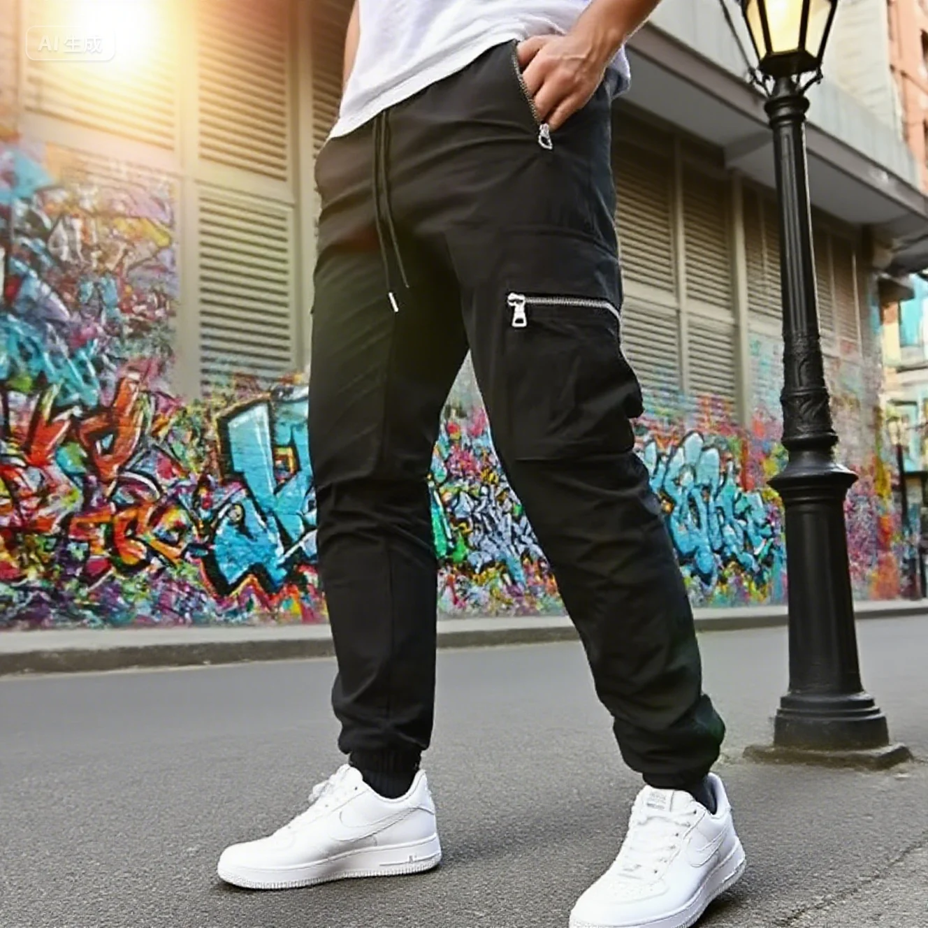 

Men's workwear, leg pants with multiple pockets and zippered casual pants, slim fit, sporty, and trendy streetwear pants