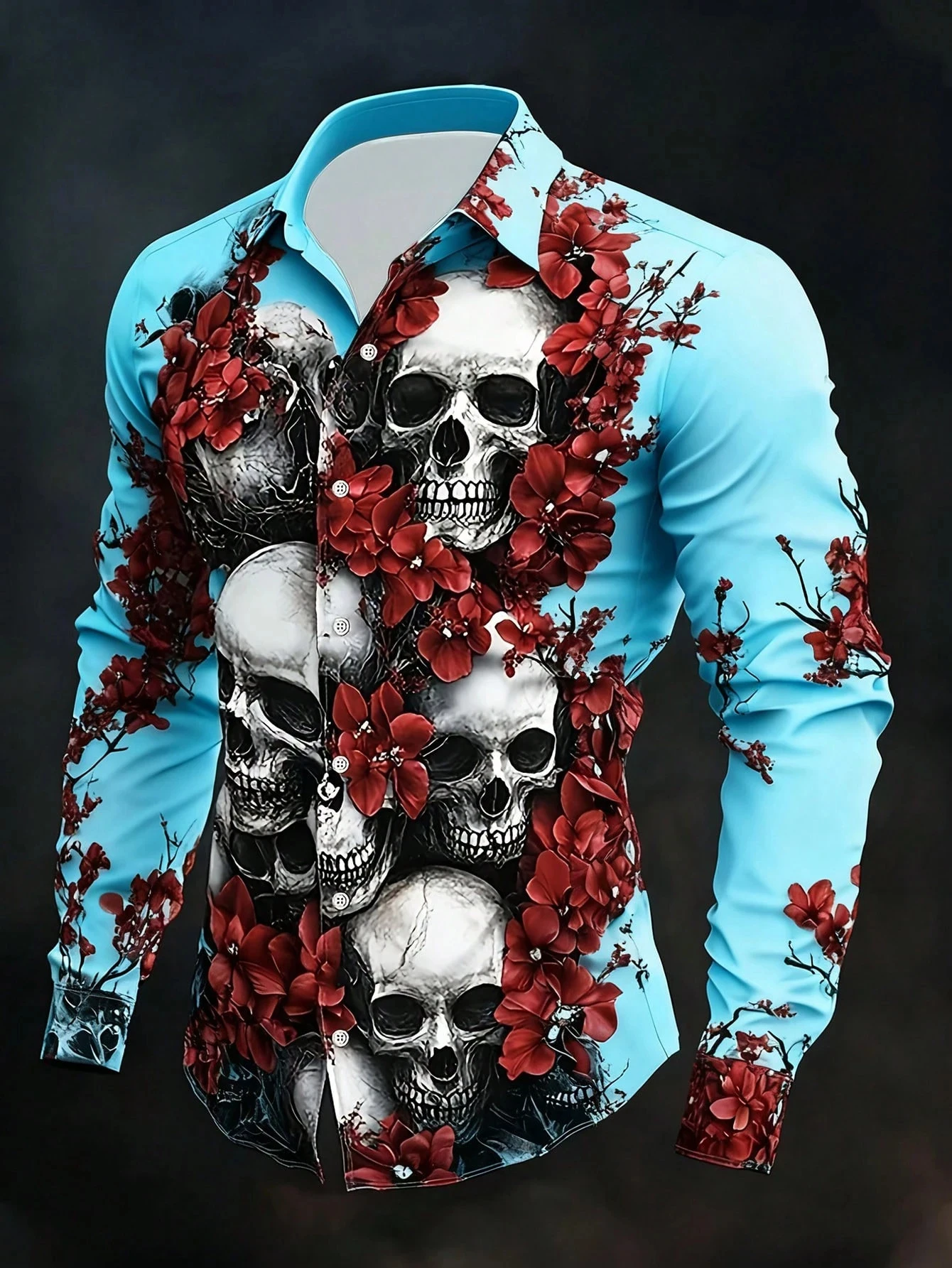 Langärmliges Urlaubs-Herrenhemd mit Totenkopf- und Gothic-Blumendruck, Button-Down-Öffner, Partykleidung, Alltagskleidung