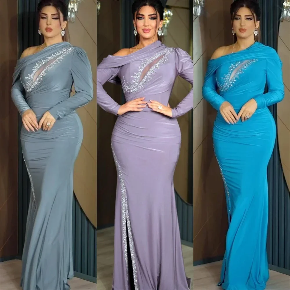 

Customized Prom Dress Evening Saudi Arabia One-shoulder Column Floor Length Skirts Vertically Bespoke Occasion Dresses Dearin Ye