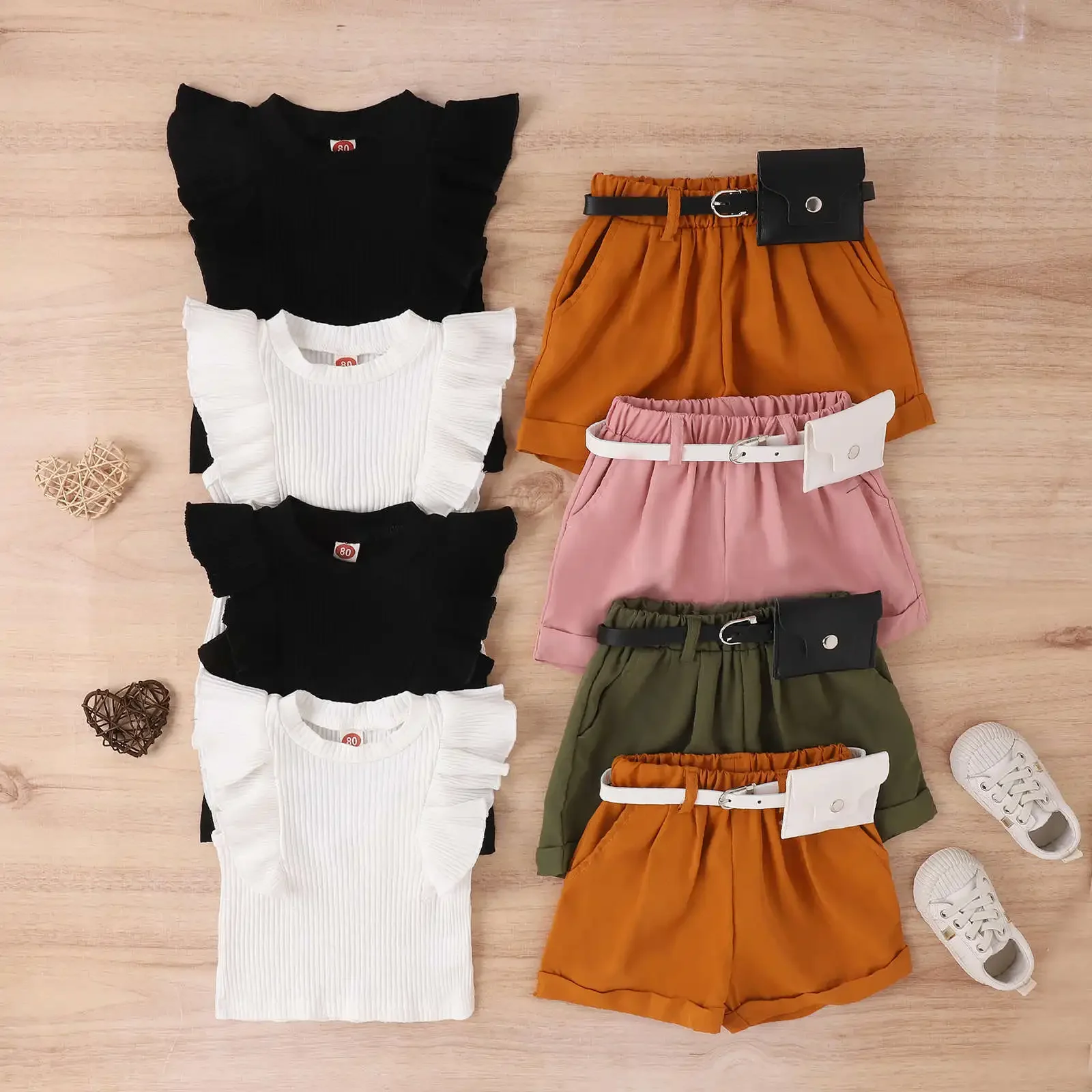 Conjunto de ropa para niña, Top corto liso con cuello redondo, pantalones cortos y Bumbag, ropa informal de verano, novedad de 2024