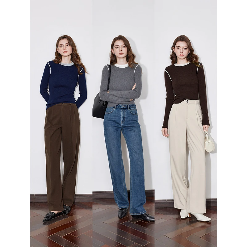 TOYOUTH Women Knitted Sweater 2024 Autumn and Winter New Fake Two Piece Contrasting Color Round Neck Slim Fit Pullover Tops