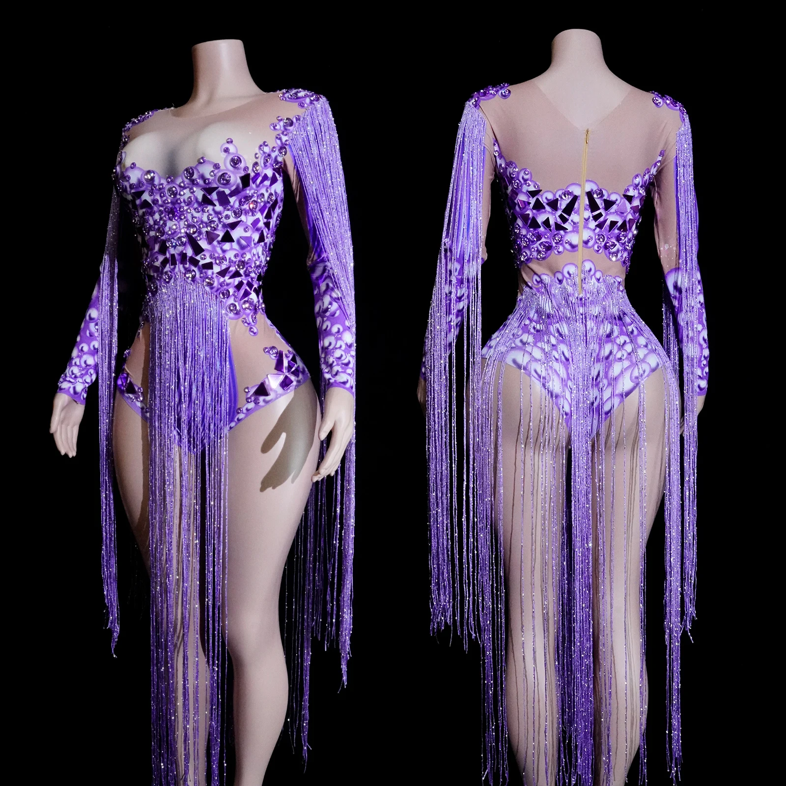 반짝 이는 보라색 거울 라인 석 프린지 레오타드 바디 슈트 댄스 공연 무대 파티 카니발 복장 나이트 클럽 레이브 의류