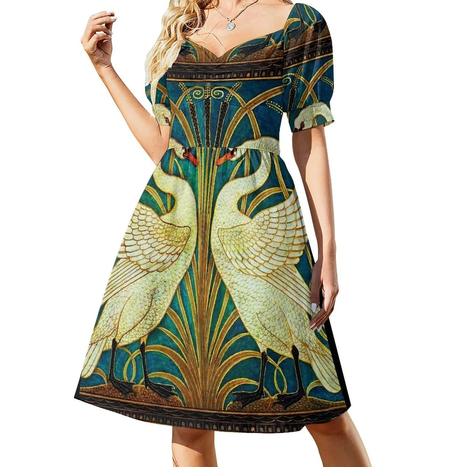 TWO WHITE SWANS AMONG REEDS IN BLUE Art Nouveau Animals Short Sleeved Dress Women's dresses dresses for women Dress