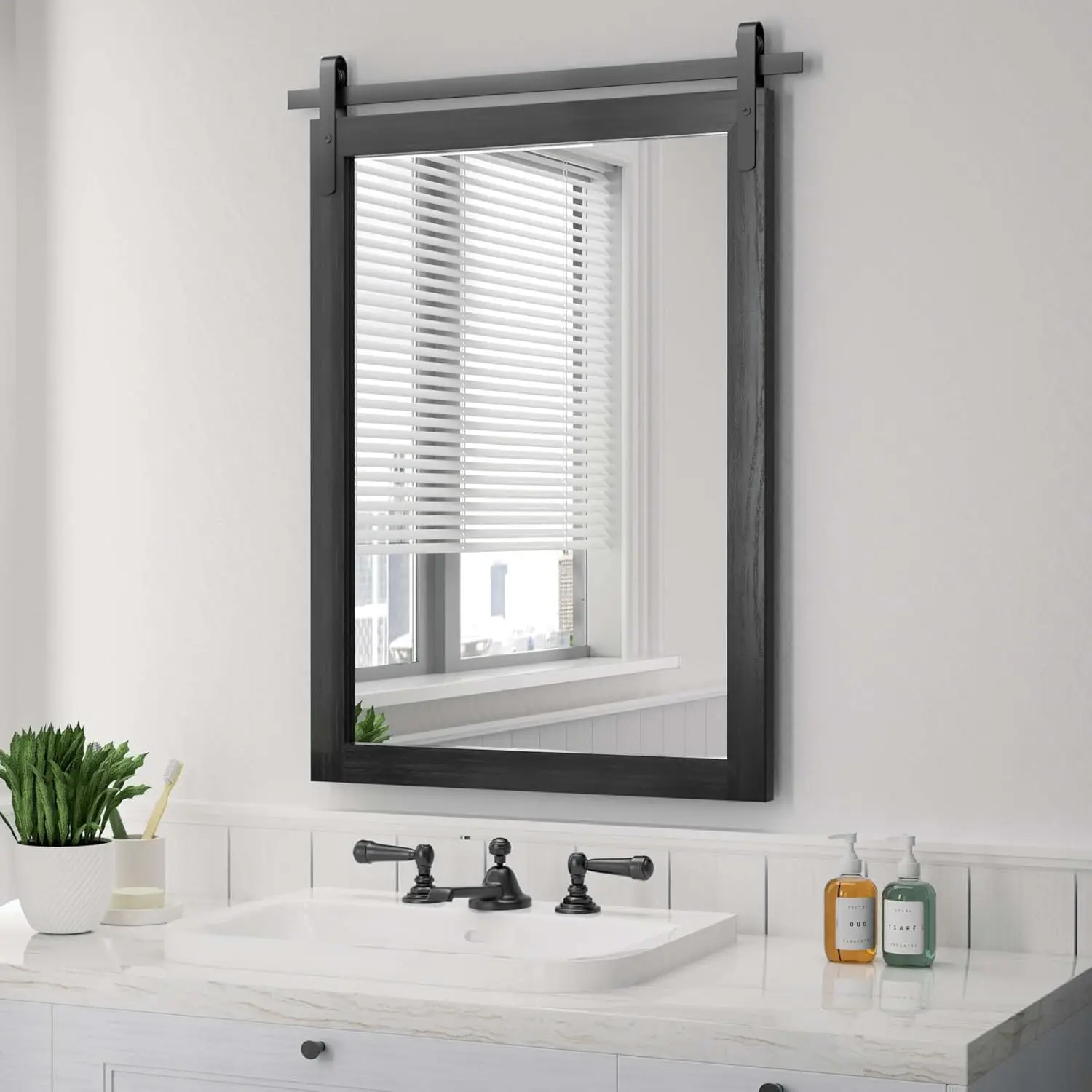 Black Farmhouse Mirror for Wall, 22x30INCH Wood Framed Rectangle Bathroom Mirrors for Vanity, Barn Door Style Mirrors