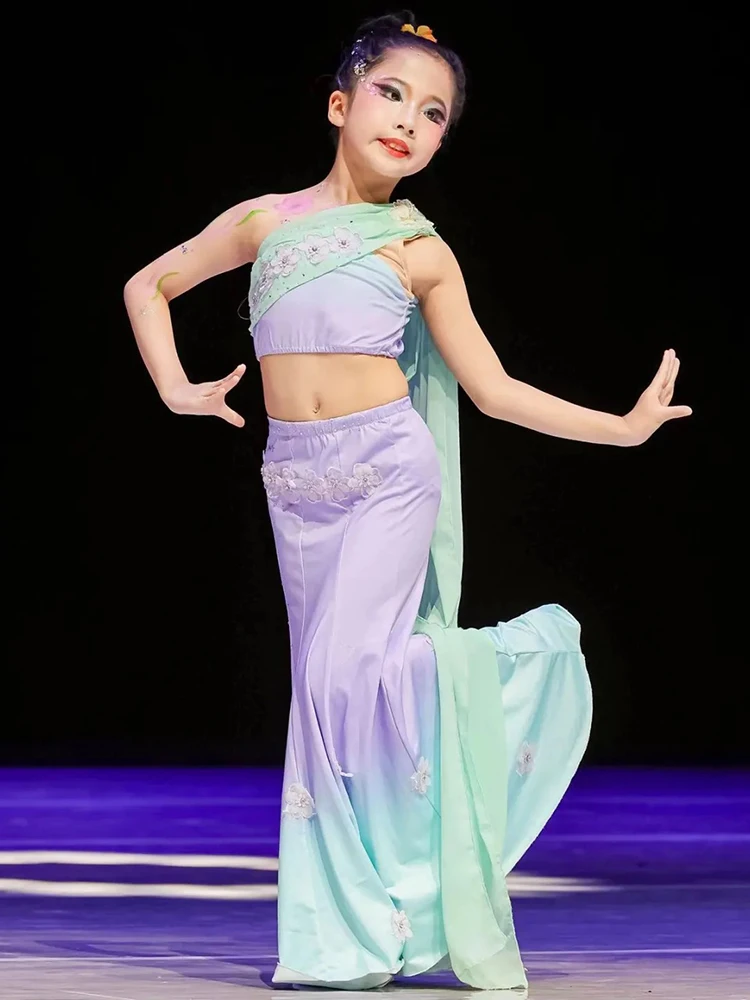 

Детский костюм для тай-танца, юбка для сольного танца для девочек, этническая одежда для выступлений, сценический костюм для художественных выступлений, Dr adow Flower