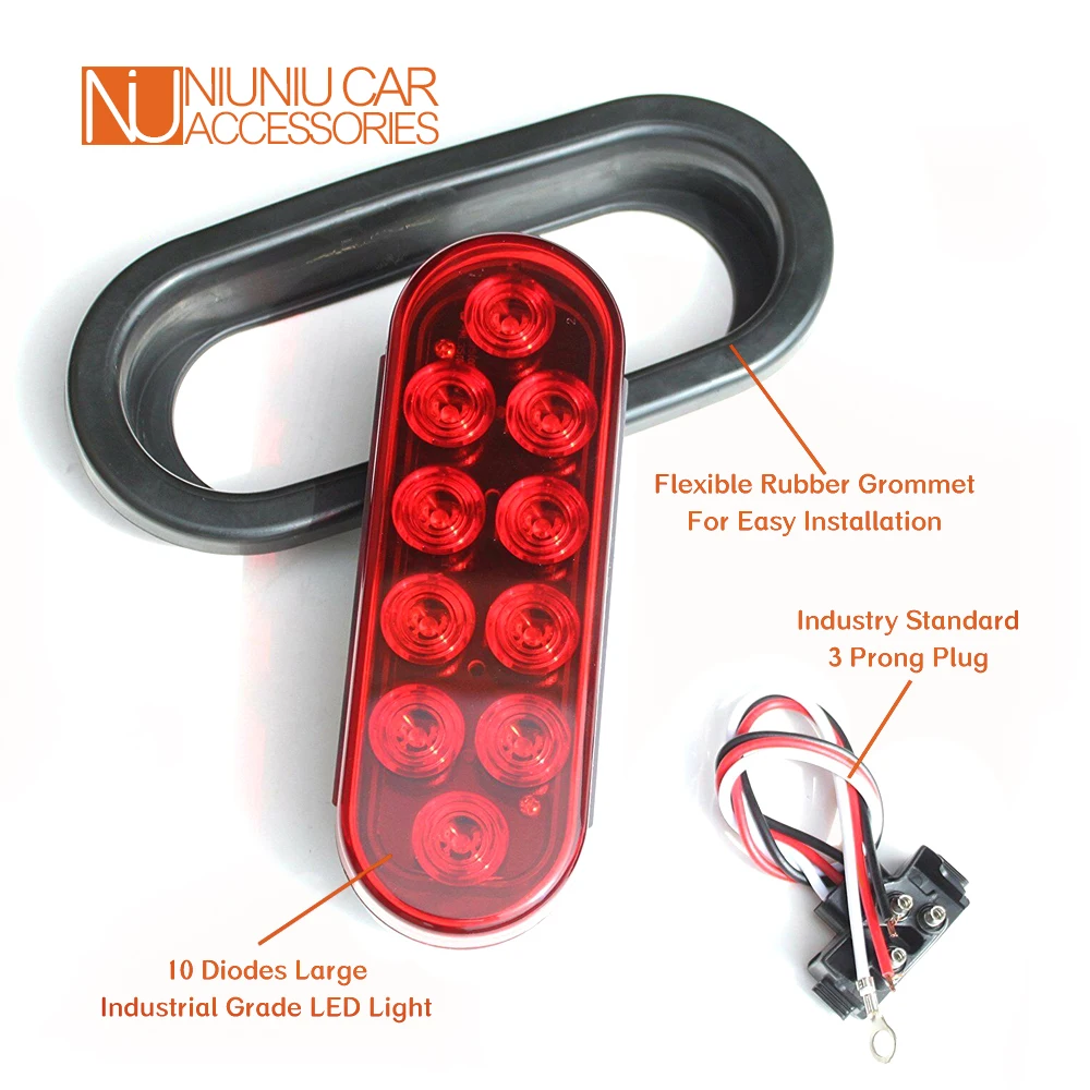 Trailer Truck LED Sealed Oval Stop Turn Tail Light Marine Waterproof Including 3 Pin Water Tight Plug with Wires and Grommet