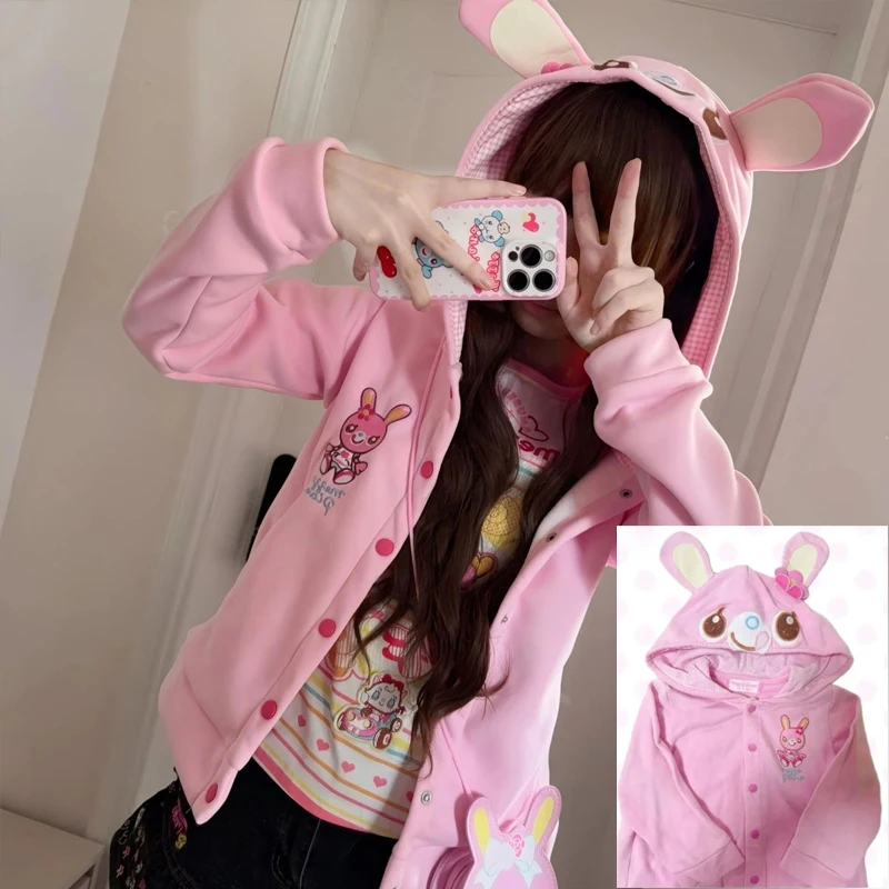 

Милое японское пальто с вышивкой и кроличьими ушками, субкультура с капюшоном Kawaii Y2k, топы, повседневные модные милые пальто, Ropa Mujer, женская одежда