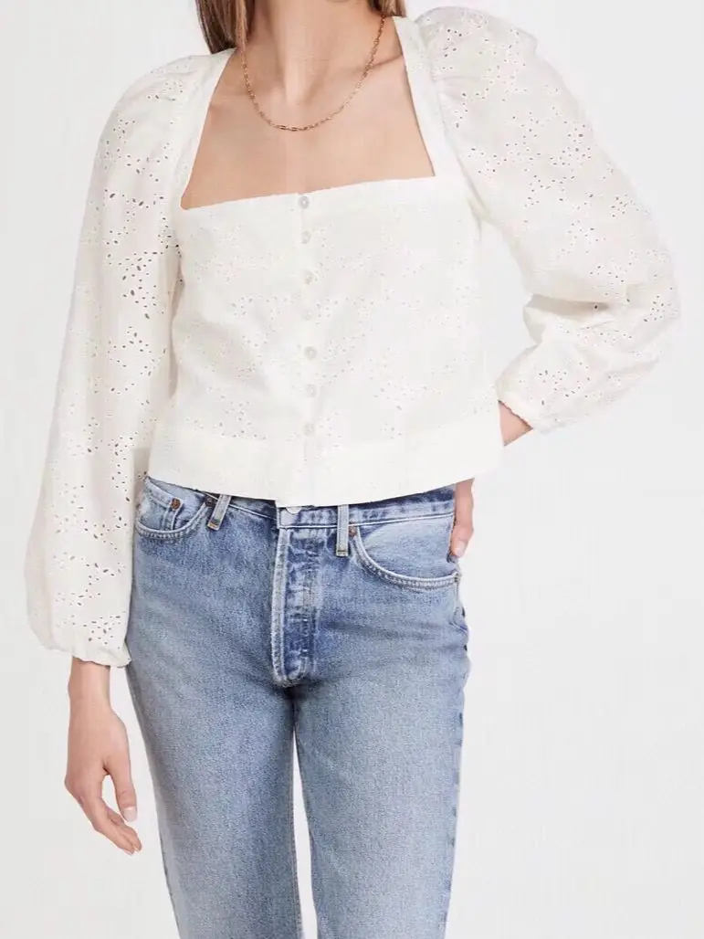 

Embroidery Hollow Out Women White Shirt Square Collar Lantern Sleeve Single Breasted Casual Cotton Blouse Top