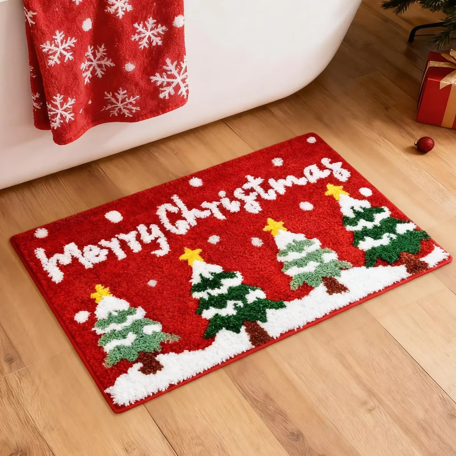VIKAMA Weihnachtsbaum-Badezimmerteppiche, Winter, weich und saugfähig, Weihnachten, Schneeflocke, Badematte, rutschfest, waschbar, Fußmatte, Heimdekoration