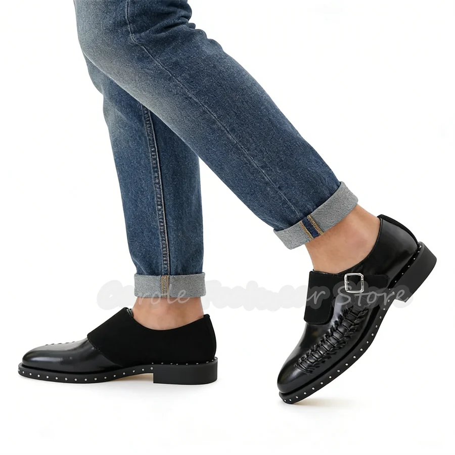 Sewing Design Genuine Leather Splicing Loafers Rivet Decor Chunky Bottom Buckle Strap Oxofrds Male Business Formals Dress Shoes
