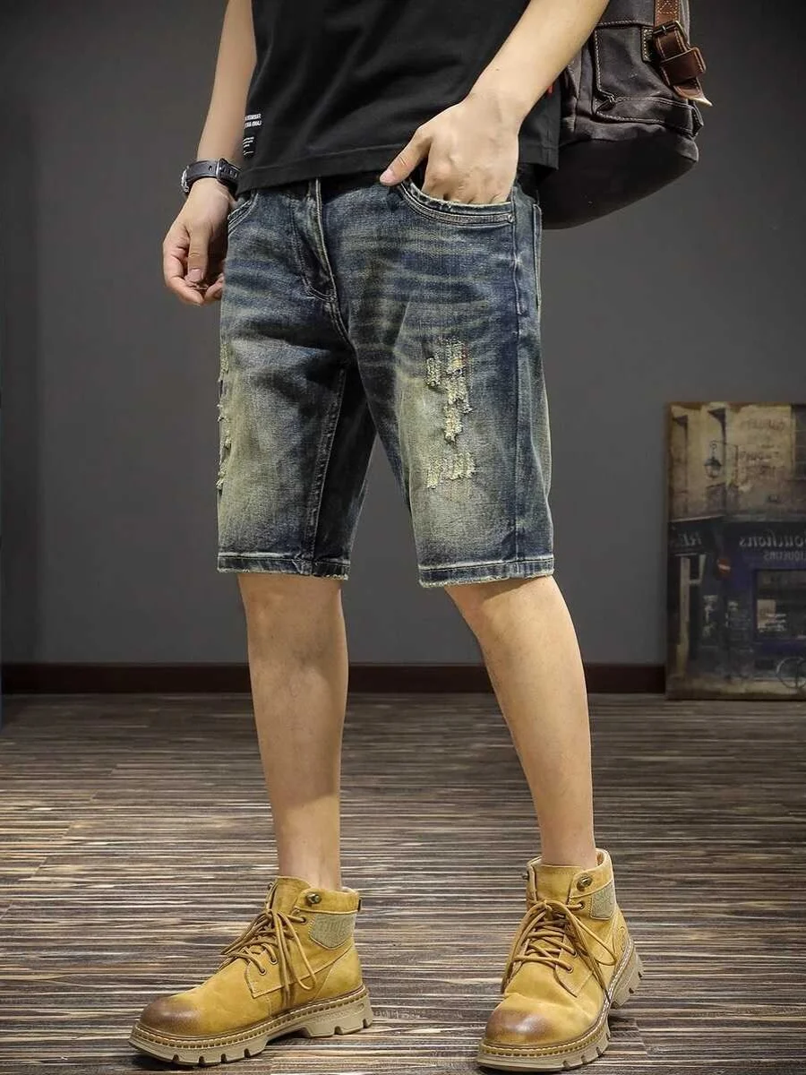 

Летние модные мужские джинсы-шорты прямого кроя, повседневные, со средней посадкой, износостойкие, прямые, длиной до колена