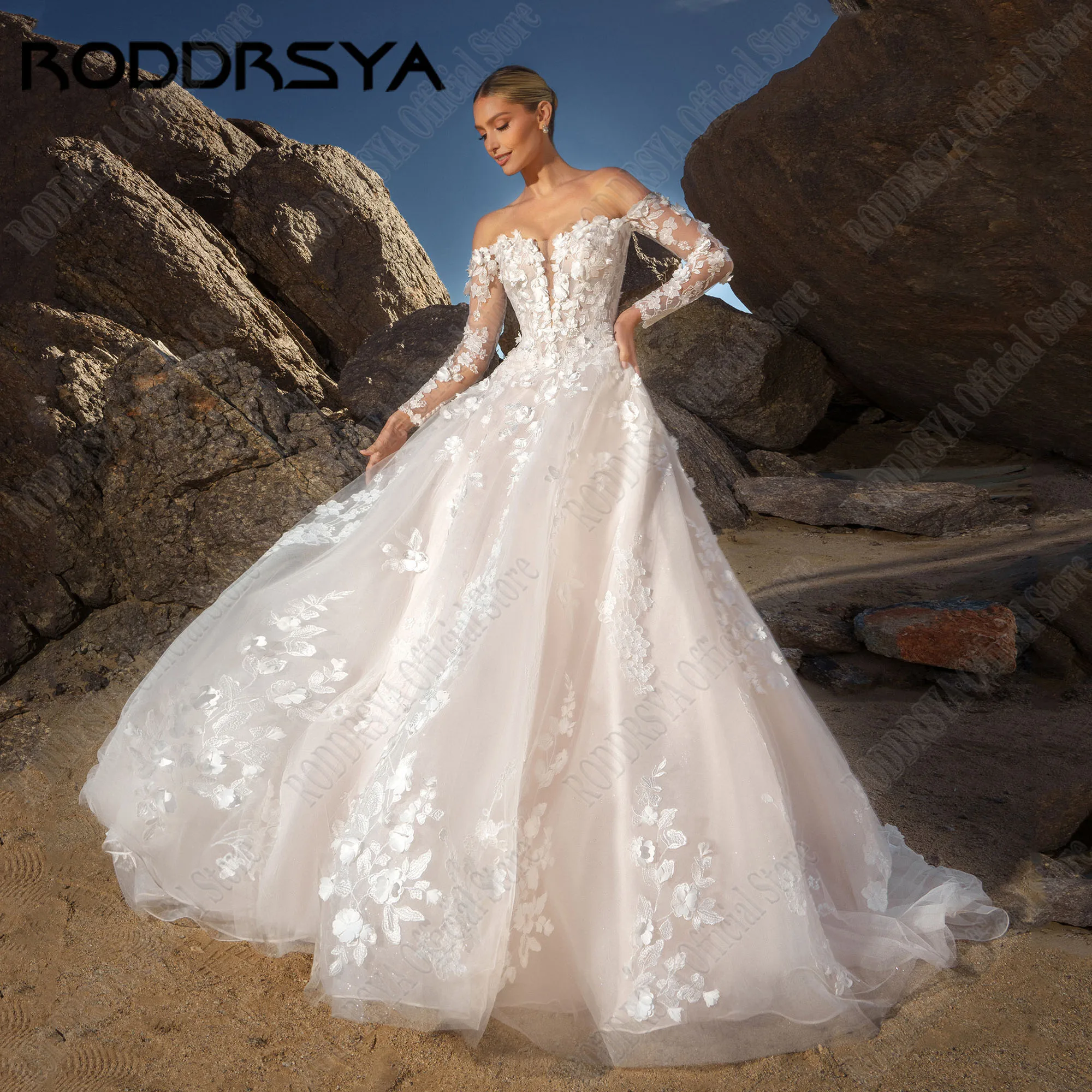 RODDRSYA Personalizado Praia Backless Lace Vestido De Noiva 2025 Noiva Flores A Linha vestidos de novia Luxo Vestido De Noiva Manga LongaRODRSYA Personalizado Praia Backless Lace Vestido de Noiva 2025 Noiva Flores A Li